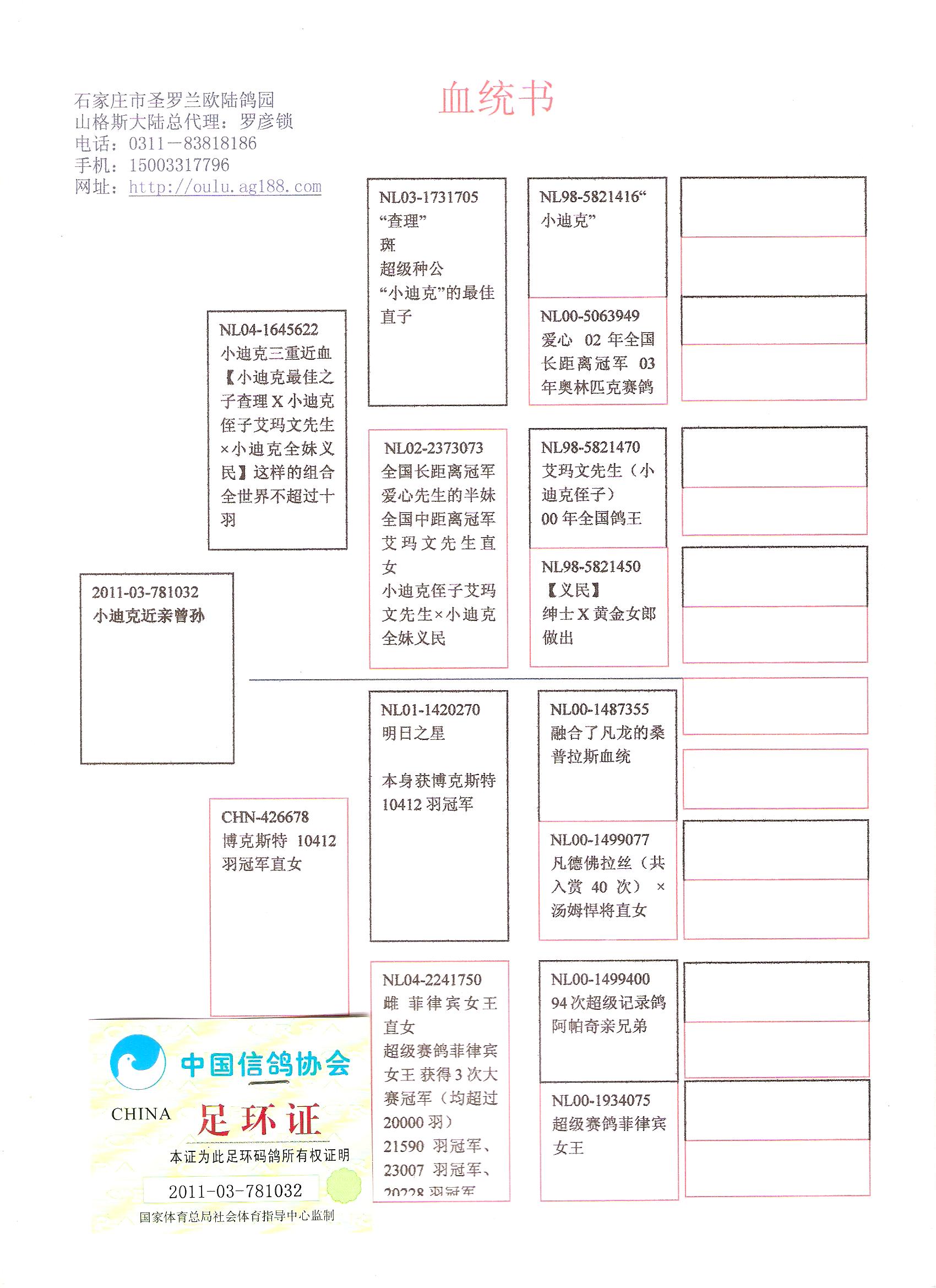 雌--仅供参考 请不要错过 ********************** 父亲血统: 父:NL04-1645622 雄 小迪克三重近血 聚考夫曼铭血于一身 【小迪克最佳之子查理X小迪克侄子艾玛文先生小迪克全妹义民】这样的组合全世界不超过十羽,难能可贵的是有三羽珍藏在欧陆鸽园 父:NL03-1731705 查理,斑,超级种公,小迪克的最佳直子,在马歇尔.
